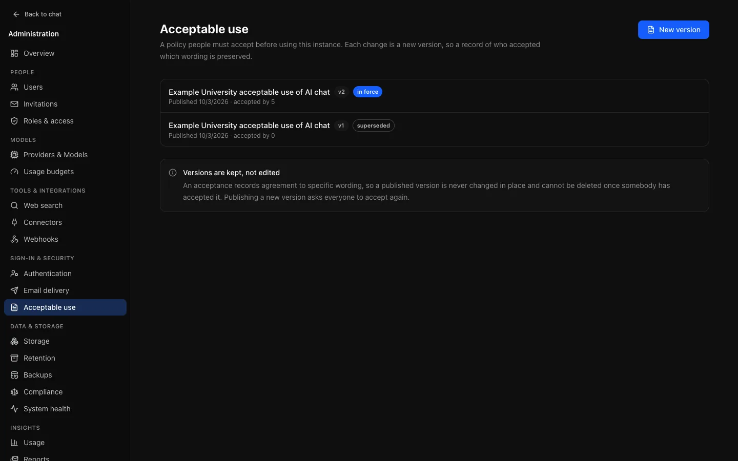 Sign-in & security → Acceptable use: version 2 of "Example University acceptable use of AI chat" in force with its acceptances, version 1 superseded, and New version.