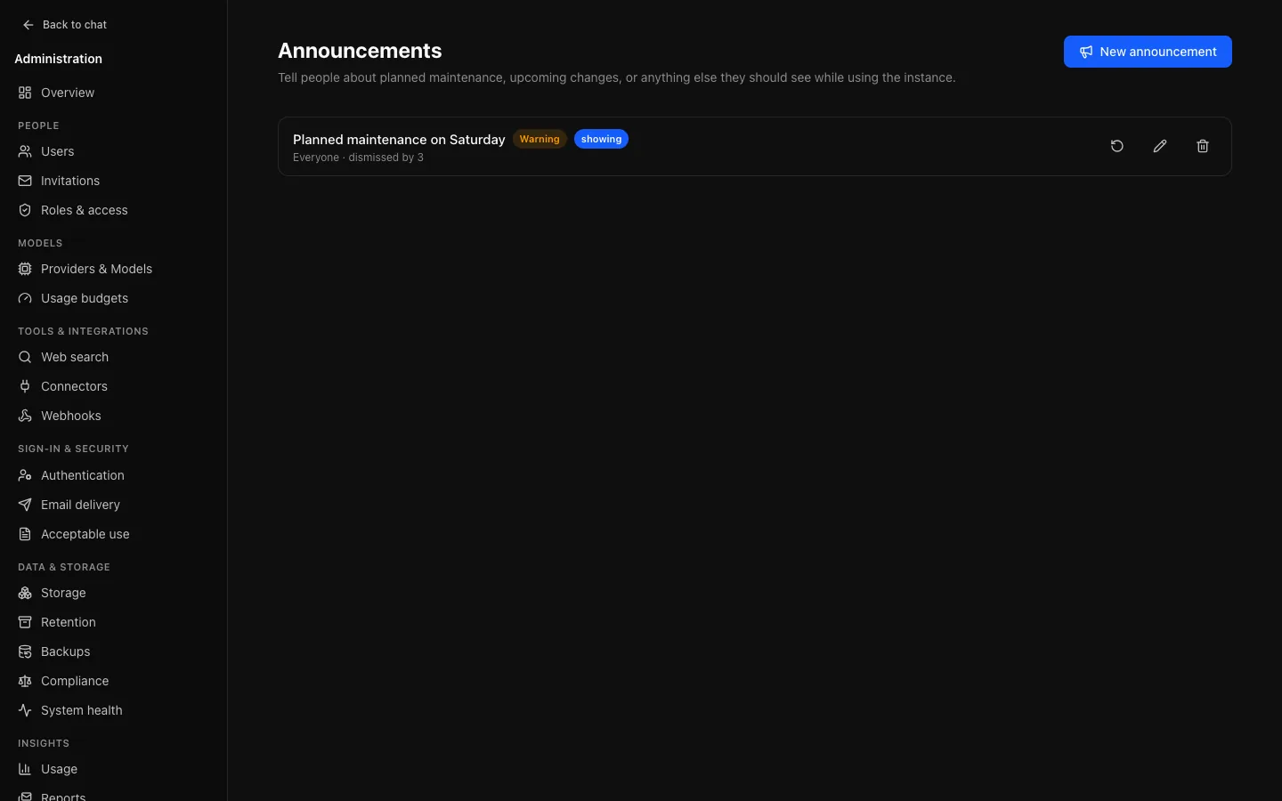 Appearance & features → Announcements: a maintenance banner with its audience, whether it can be dismissed, and Re-show.