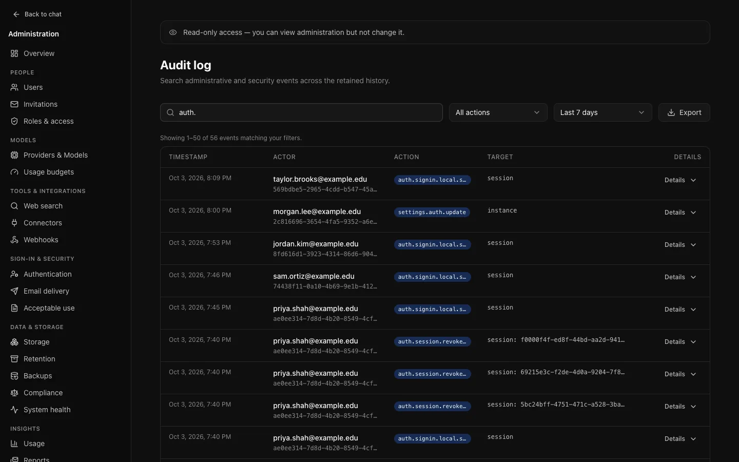 Insights → Audit log in the auditor's read-only view: a search for "auth." over the last 7 days, with entries showing time, actor, action and target, Details, and Export.