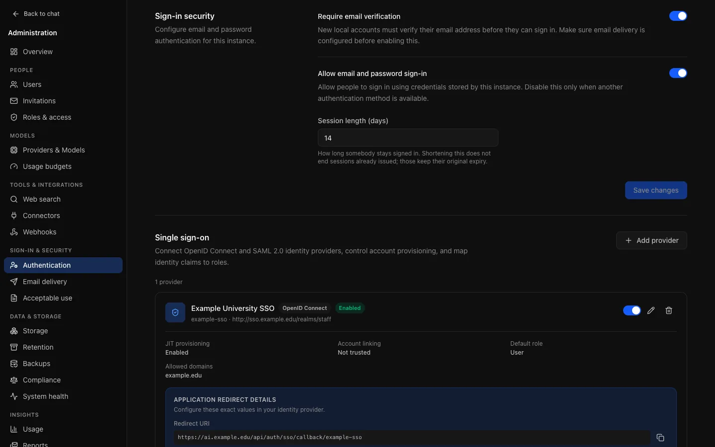 Sign-in & security → Authentication: registration mode, email verification, local sign-in, session length, and the Single sign-on section listing providers.