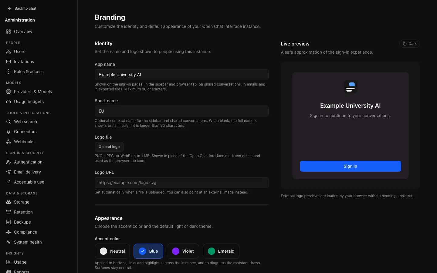 Appearance & features → Branding: the app name and short name, logo upload and logo URL, a live preview of the sign-in page, and the accent colour presets with Blue chosen.