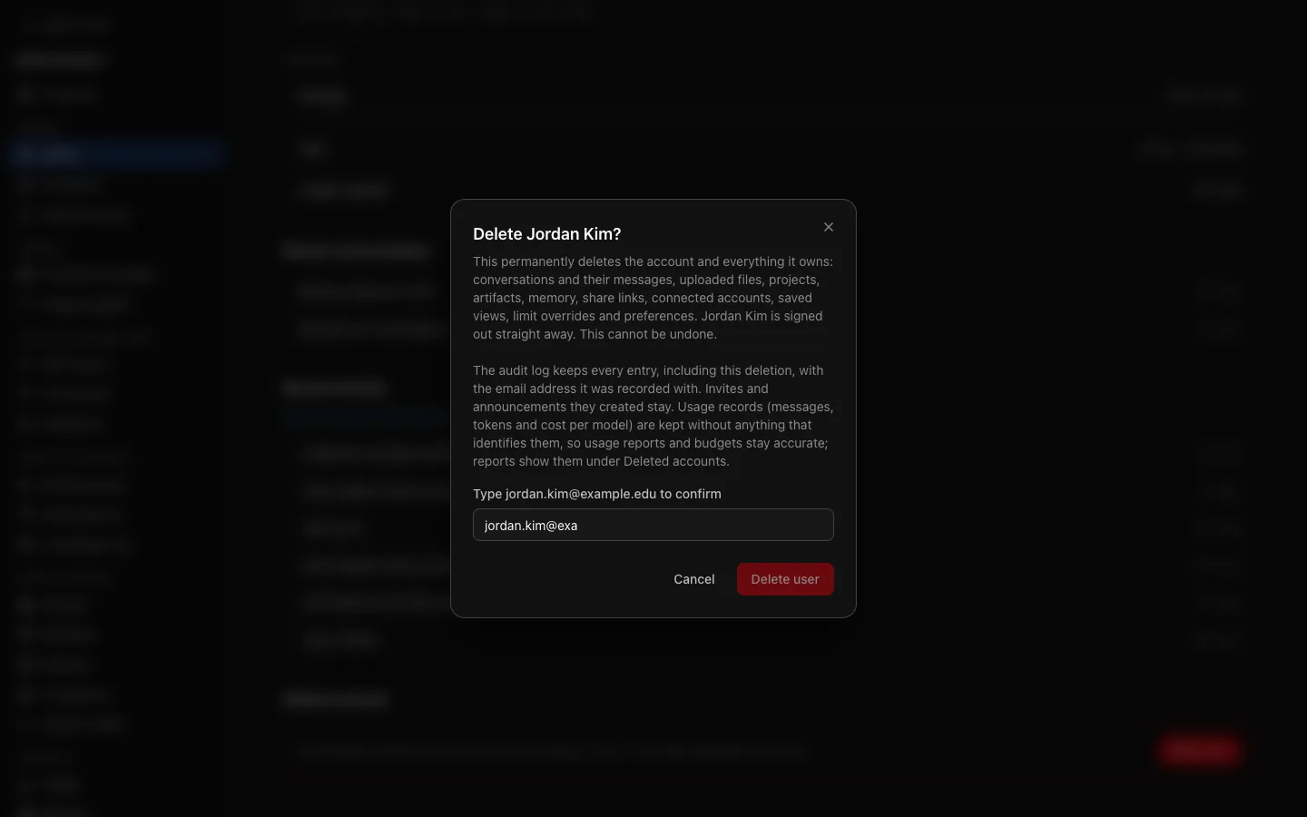 The Delete Jordan Kim? dialog on a person's account page: what is deleted and what is kept, a field to type their email address, and Delete user.
