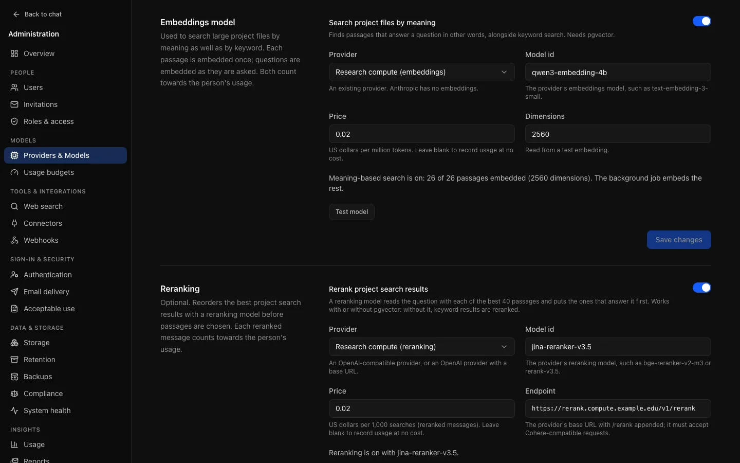 Providers & Models, Embeddings tab: pgvector shown as enabled, an embeddings model with its vector size and passages embedded, and the Reranking section with its resolved /rerank endpoint.
