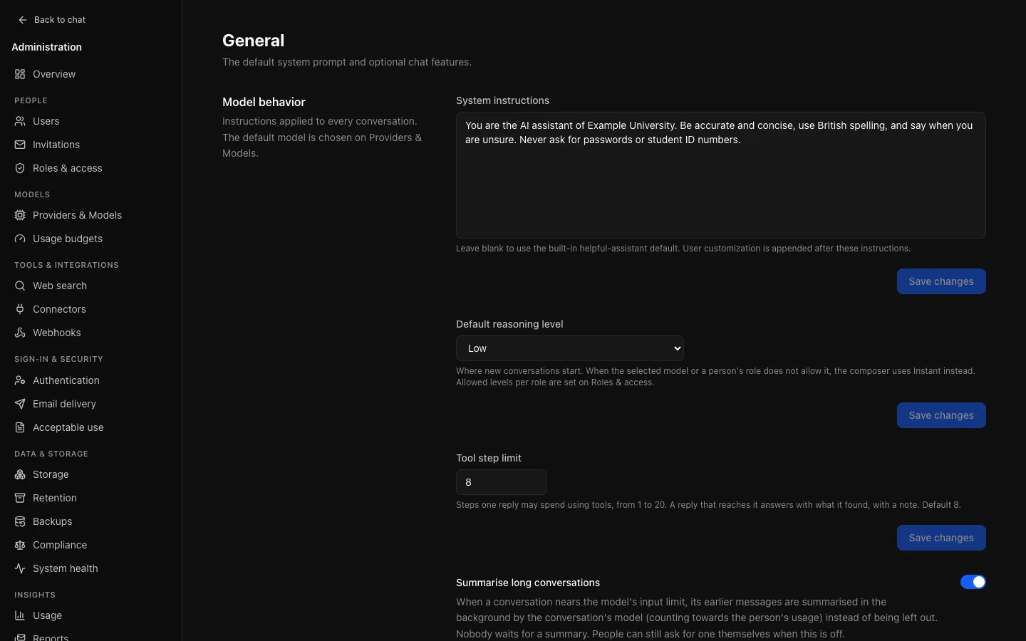 Appearance & features → General: the default system prompt, default reasoning level, tool step limit, Summarise long conversations, Editorial diagrams and the feature switches.