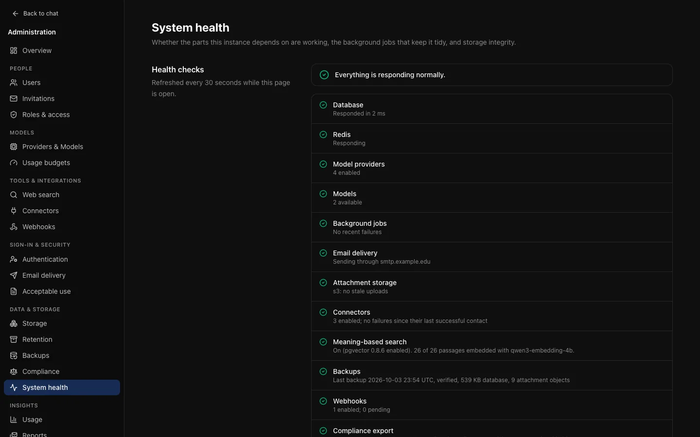 Data & storage → System health: "Everything is responding normally." and rows for the database, Redis, model providers, models, background jobs, email delivery, attachment storage, connectors, meaning-based search, backups and webhooks, each with its status.