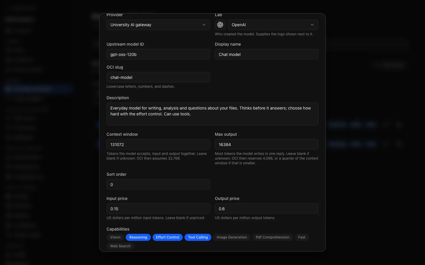 The Edit model dialog for "Chat model": provider, lab, upstream model ID, display name, slug and description above Context window 131072 and Max output 16384, then sort order, prices and capabilities.