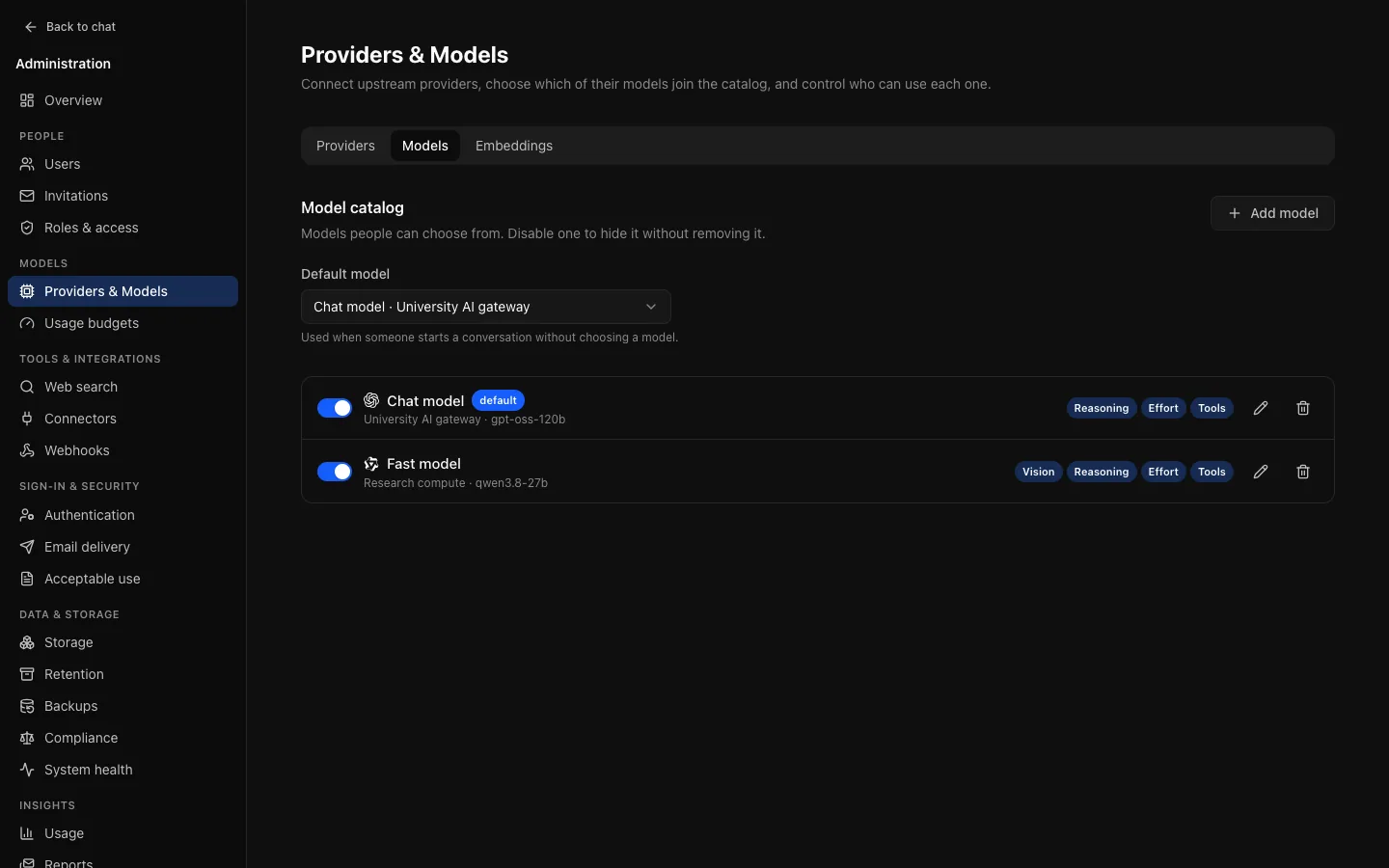 Providers & Models, Models tab: the default model chooser above the catalogue, and catalogue entries with display names, capabilities, visible roles and an enabled switch.