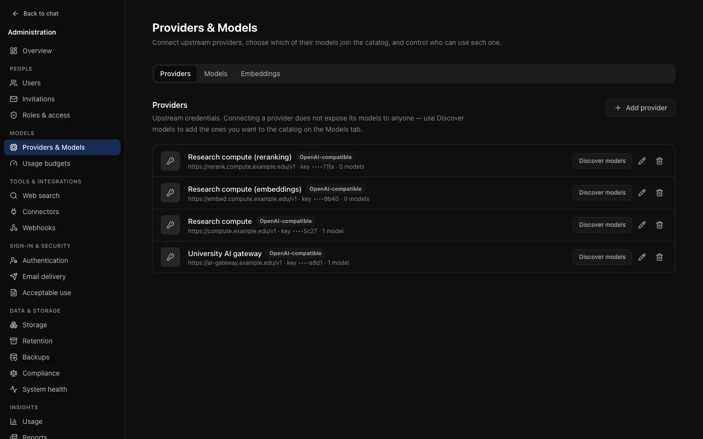 Providers & Models, Providers tab: configured providers with their kind, whether a key is set, and Discover models.