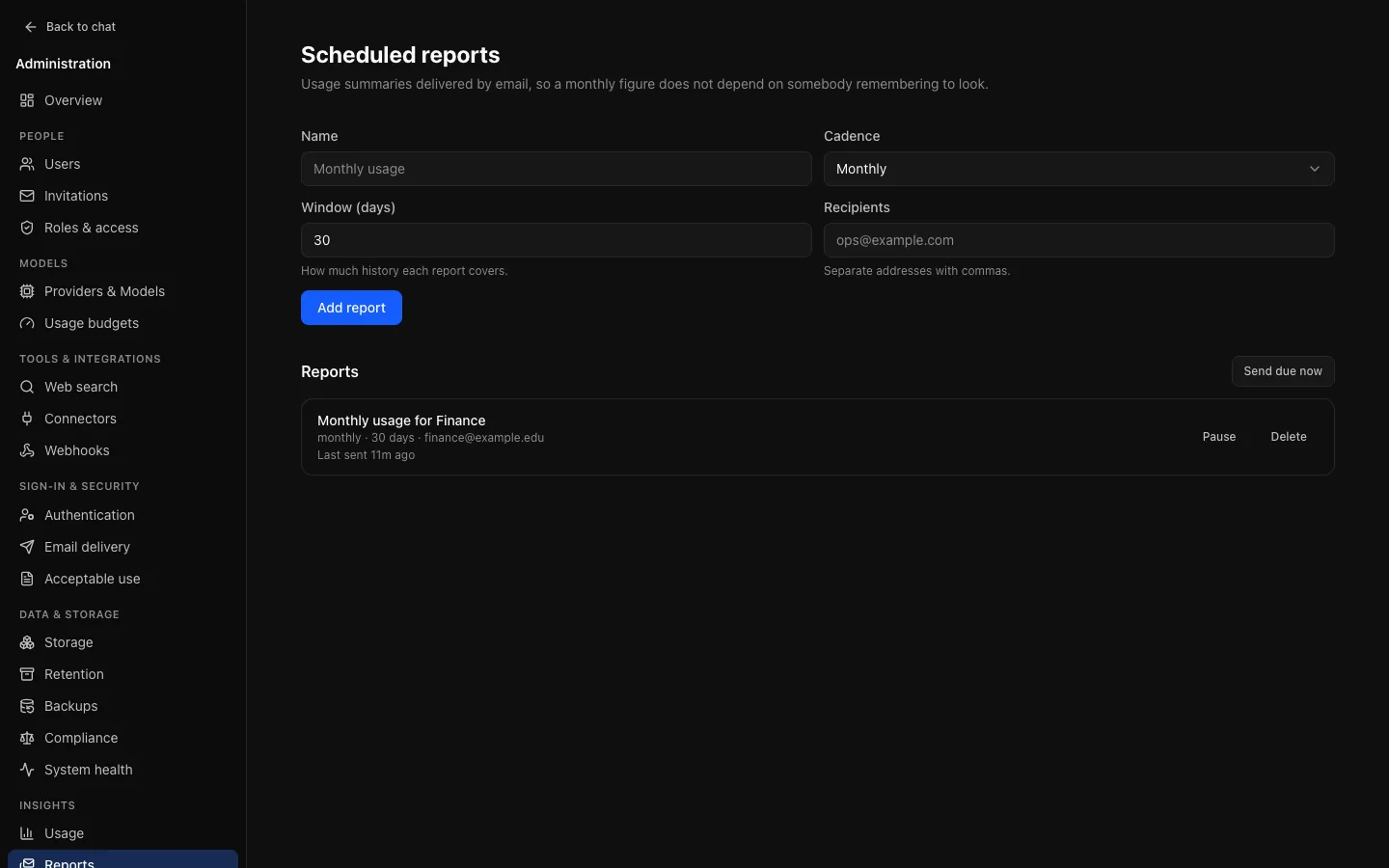 Insights → Reports: a monthly usage summary with its recipients, last send and Send due now.