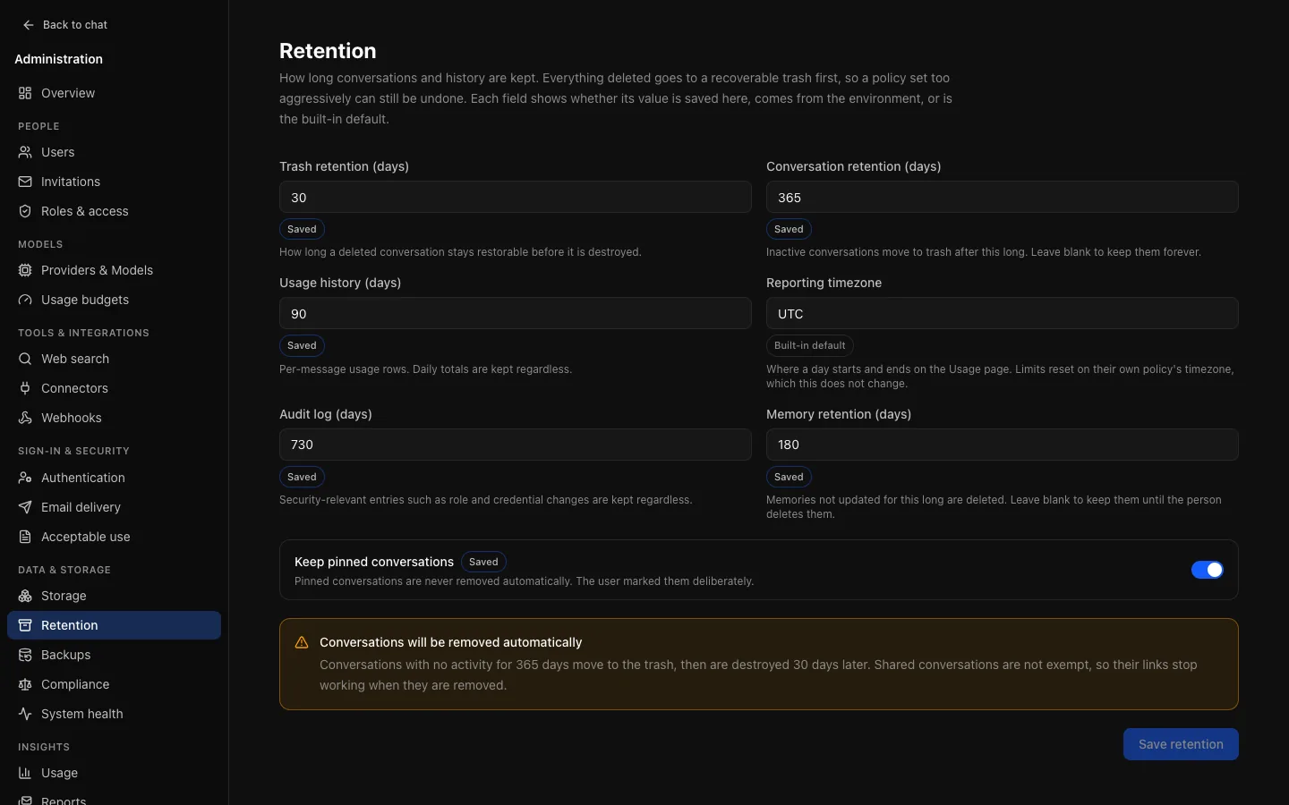 Data & storage → Retention: conversation, trash, usage history, memory and audit log retention, each showing where its value comes from.