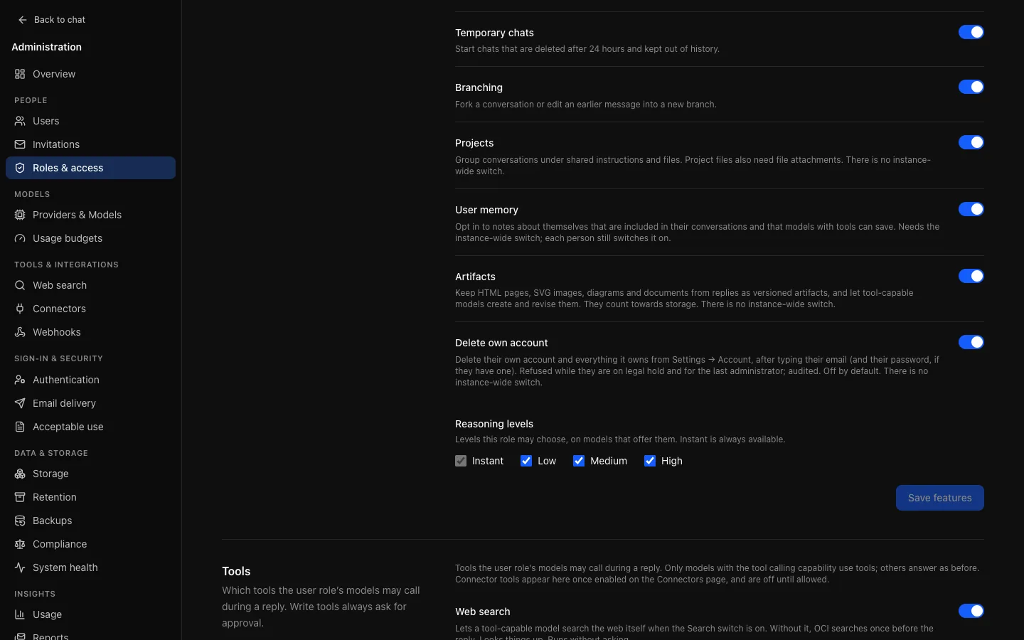 The Features section of the user role on Roles & access, with the Delete own account switch among the other feature switches.