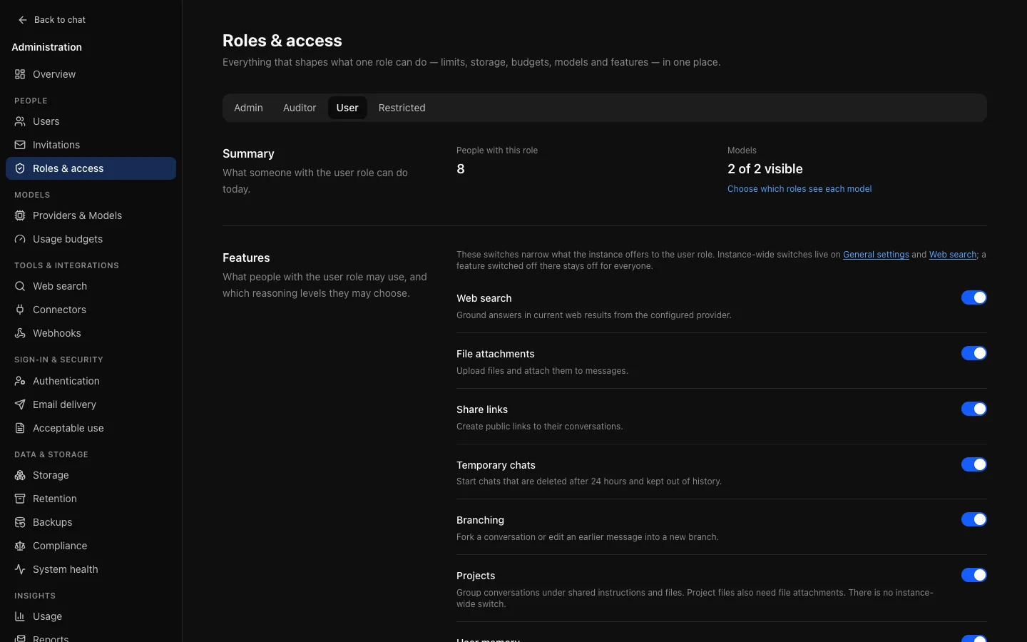 People → Roles & access for the user role: people with this role, models, feature switches, reasoning levels, rate limits, storage allowance and usage budgets.