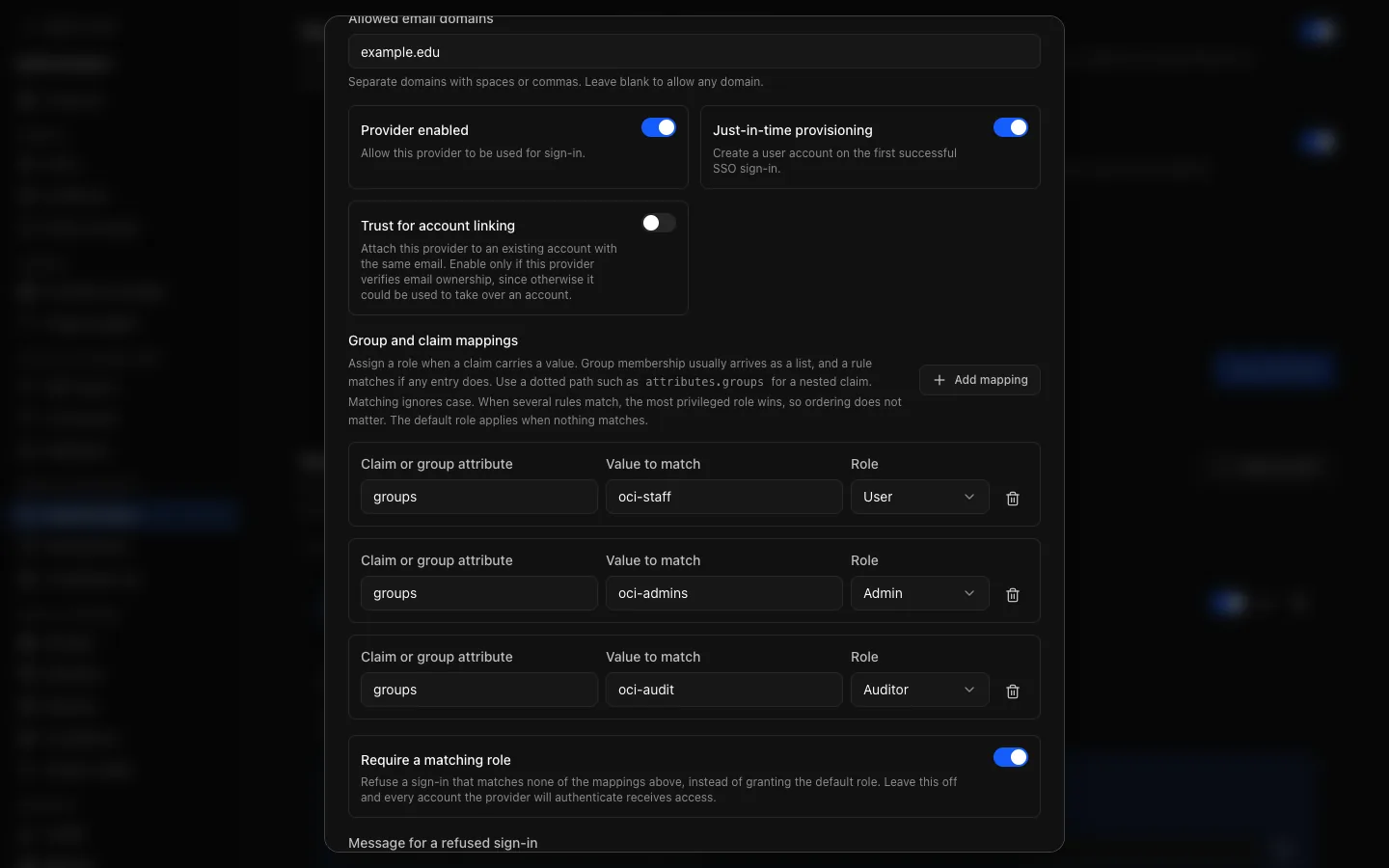 The form for a single sign-on provider: provider type and ID, OIDC settings, default role, allowed email domains, just-in-time provisioning, trust for account linking, role mappings and Require a matching role.
