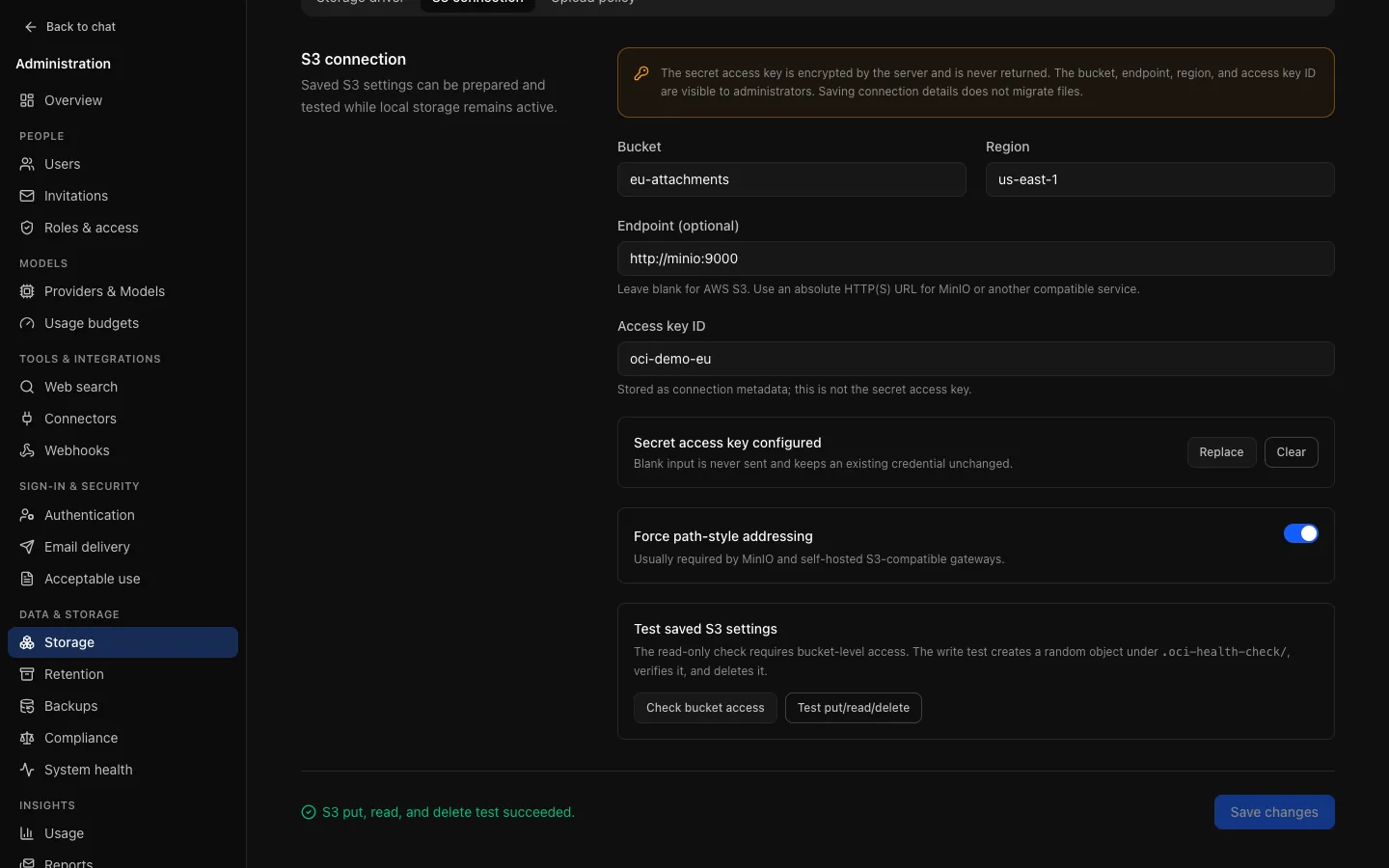 Data & storage → Storage, S3 connection tab: bucket, region, endpoint, access key ID, a configured secret access key, path-style addressing, and "S3 put, read, and delete test succeeded."