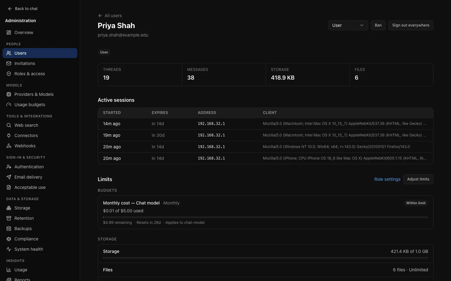 One person's account page: totals for threads, messages, storage and files, active sessions with address and client, and limits with a monthly cost budget's progress bar and storage use.