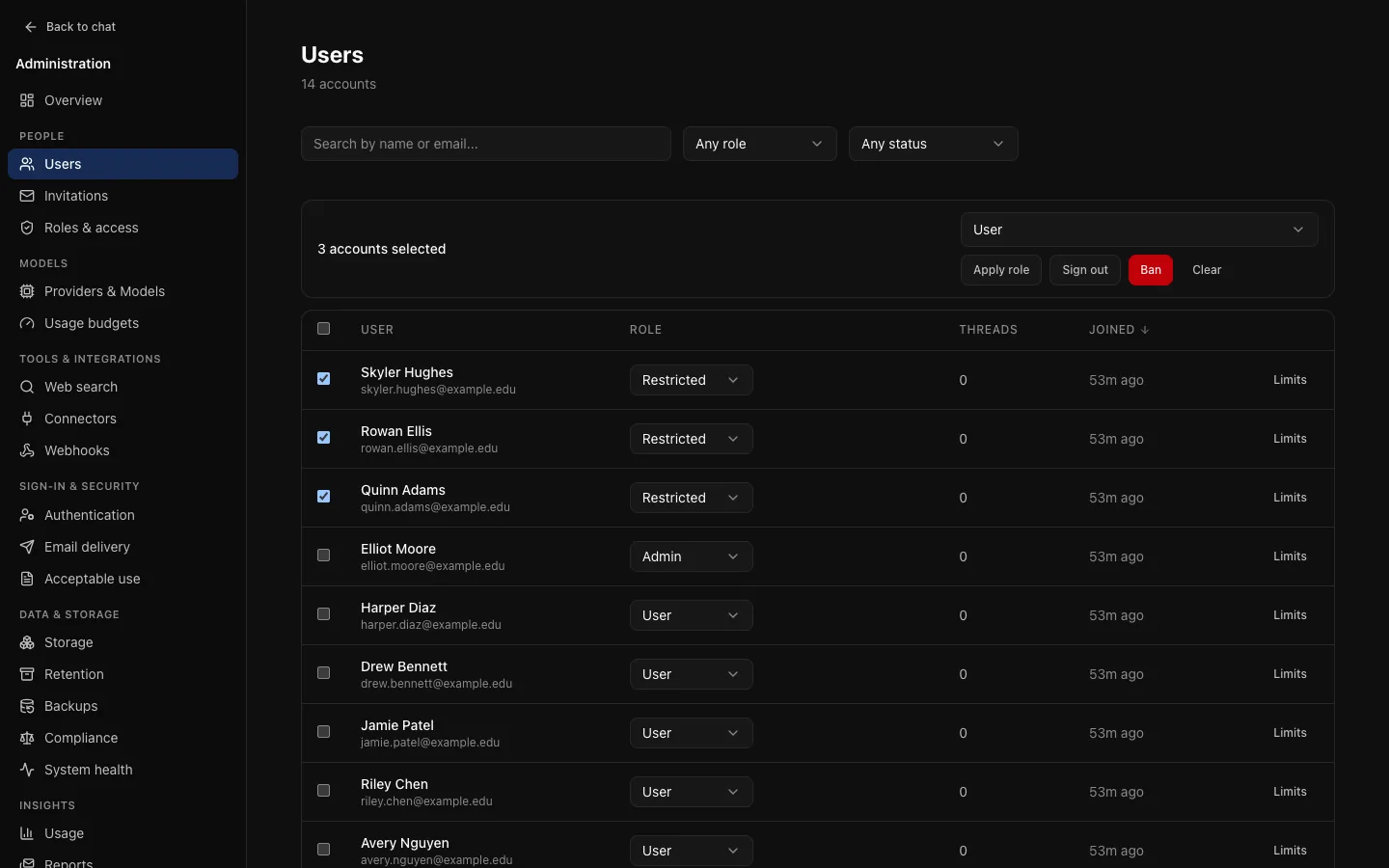 Several accounts selected in the user list, with the bulk action bar offering a role, sign out and ban.