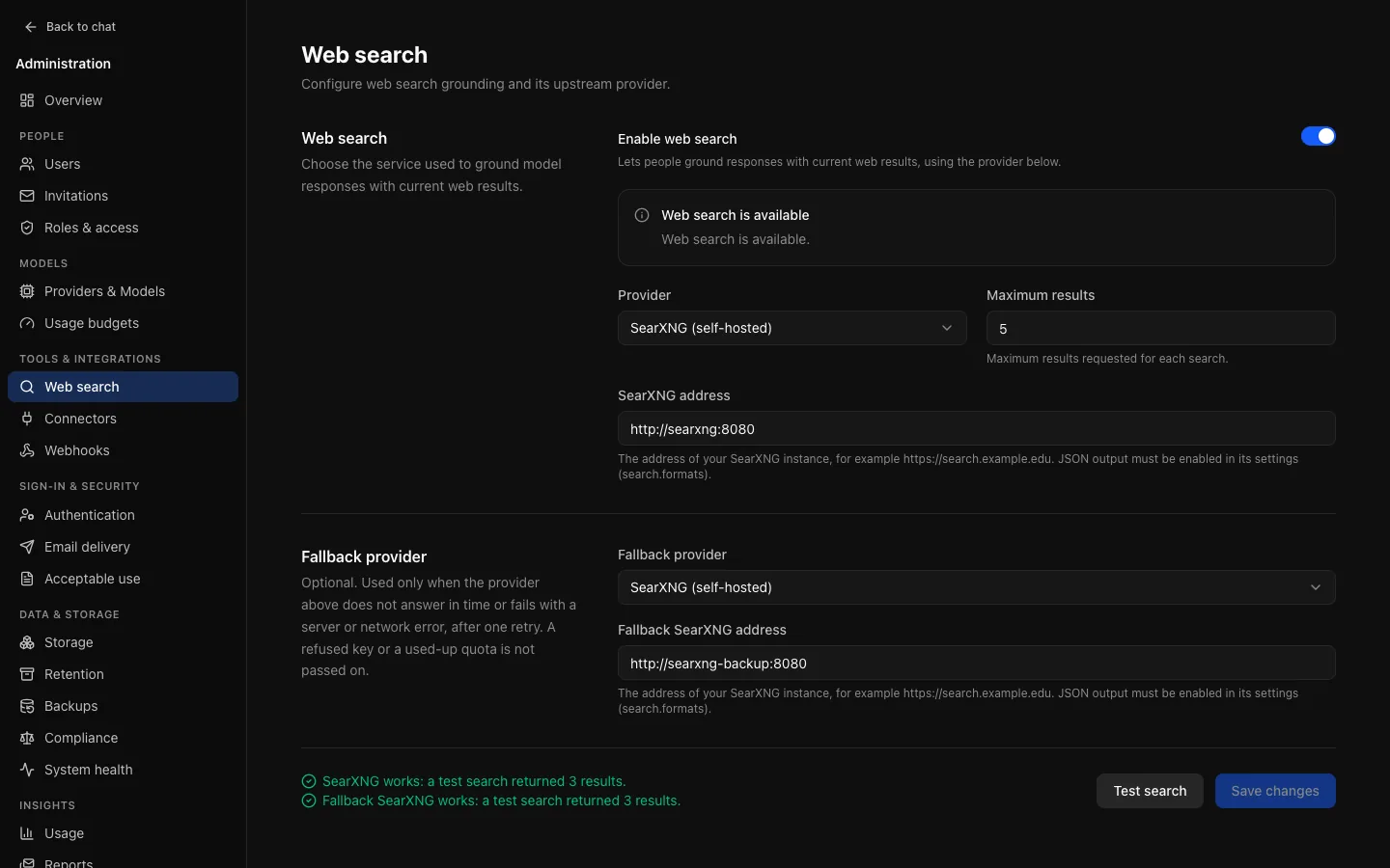 Tools & integrations → Web search: SearXNG as the provider, a second SearXNG instance as the fallback provider with its address, and Test search results for both.