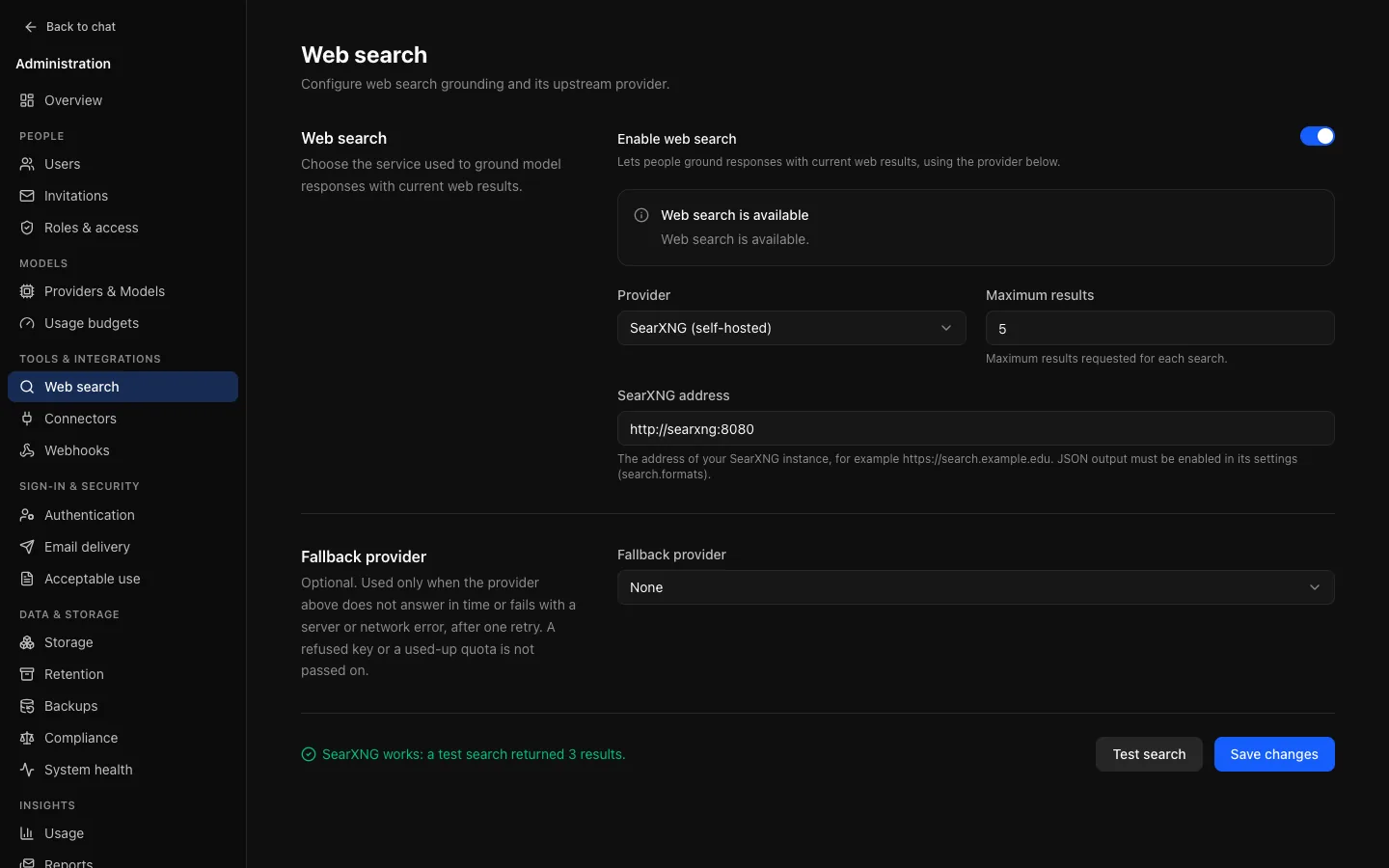 Tools & integrations → Web search: web search on with the self-hosted SearXNG provider and its address, maximum results, Fallback provider set to None, and a successful Test search.
