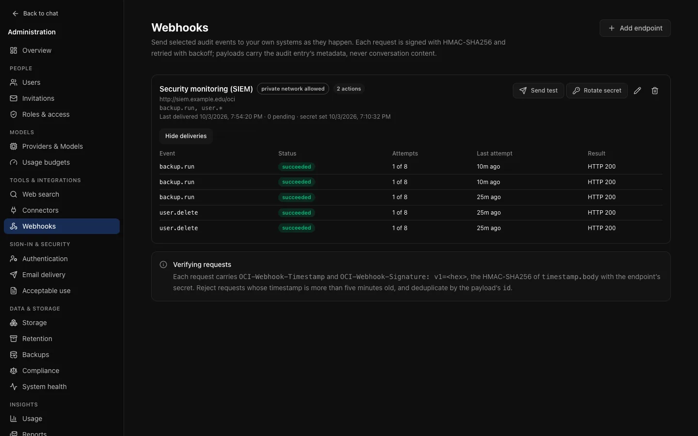 Tools & integrations → Webhooks: an endpoint receiving backup.run and user.* events, with Send test, Rotate secret and Show deliveries.