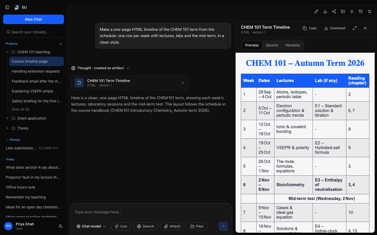 A finished reply with its work block collapsed to "Thought · created an artifact", the artifact card below it with the arrow that opens its details, and the artifact panel docked beside the conversation showing the preview of the HTML timeline, with Preview, Source and Versions tabs and Copy, Download, Full screen and Close buttons.