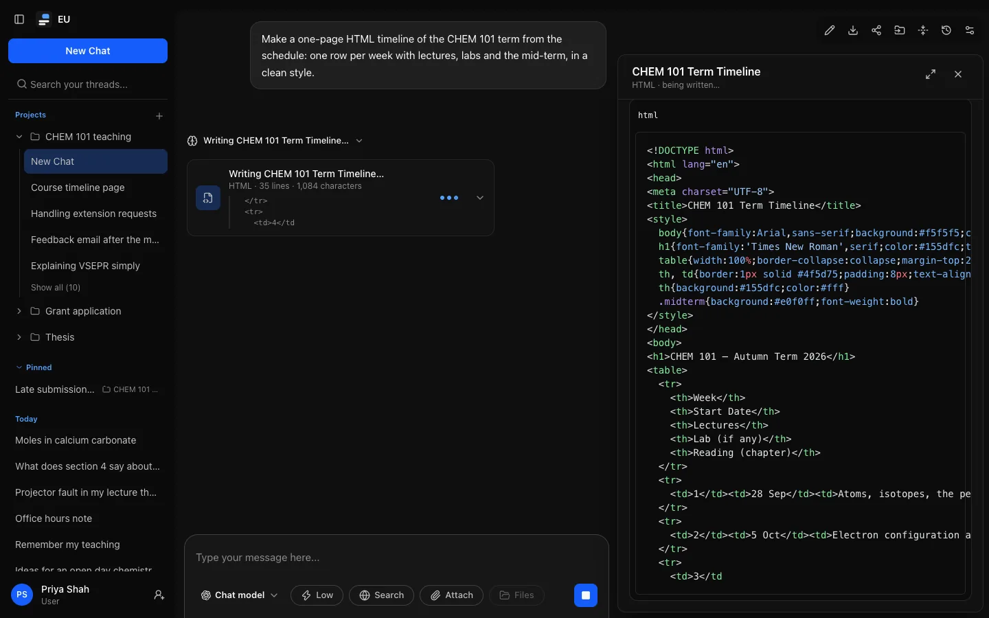 A model writing an artifact: the reply's work block reads "Writing CHEM 101 Term Timeline…", the card below it reads the same with "HTML · 35 lines · 1,084 characters" and the last few lines written, and the docked panel beside the conversation shows the HTML source as it arrives.