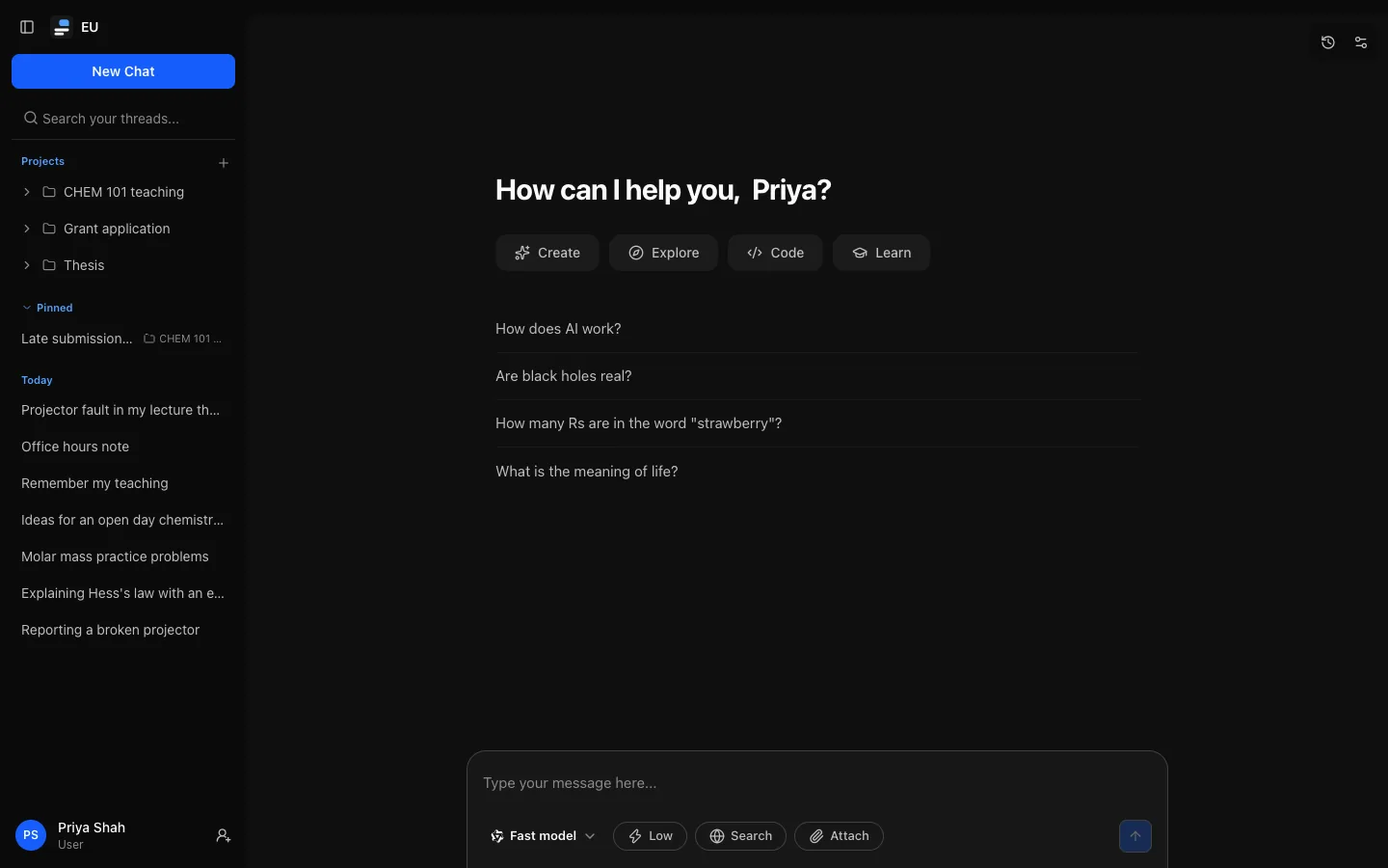 The chat home screen: the sidebar with New Chat, search, Projects and the conversation list on the left, and an empty conversation with the message box, model picker, reasoning level, Search and Attach controls.