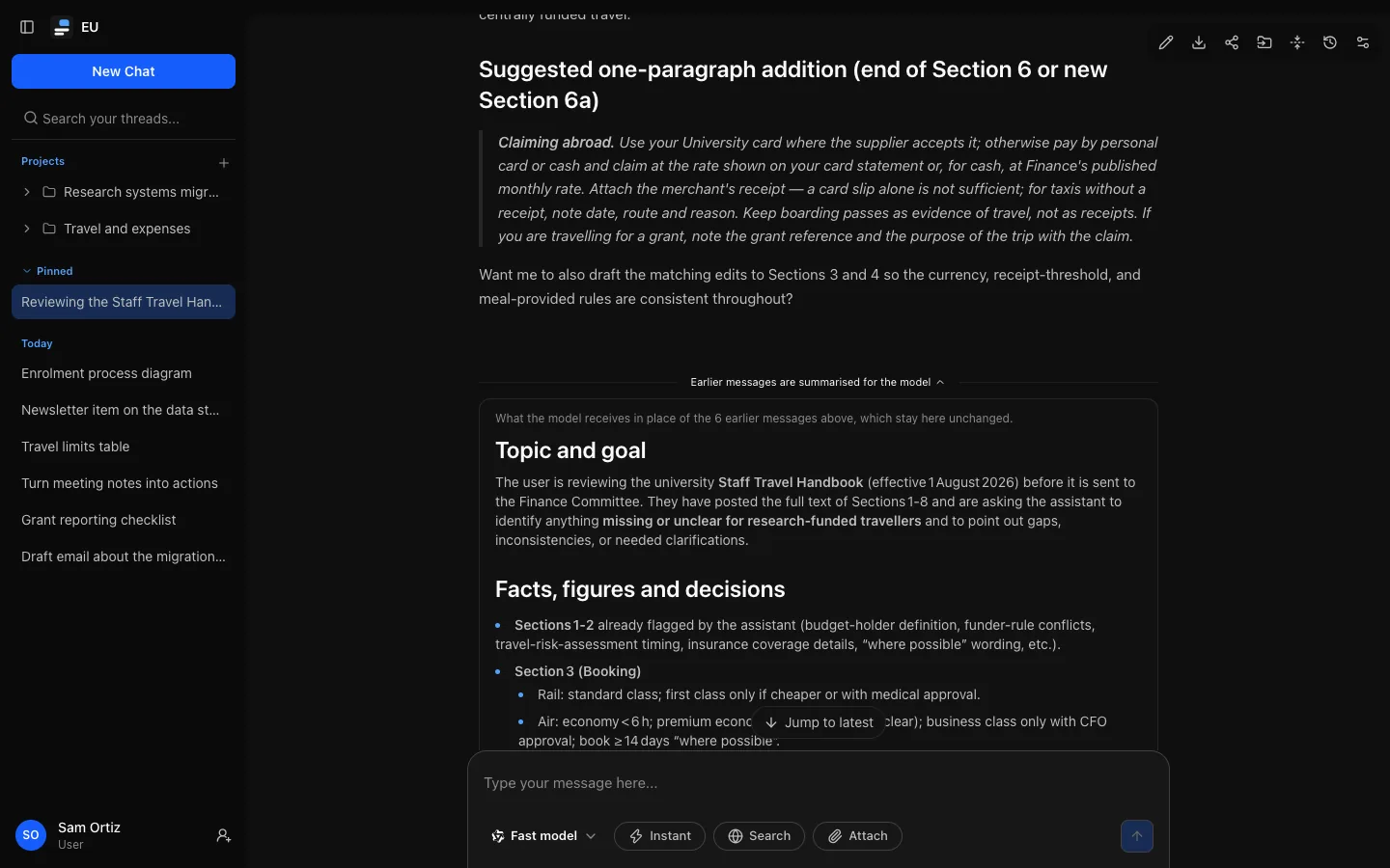 A long conversation with the line "Earlier messages are summarised for the model" expanded to show the summary the model receives: topic, facts and decisions, preferences and open questions.