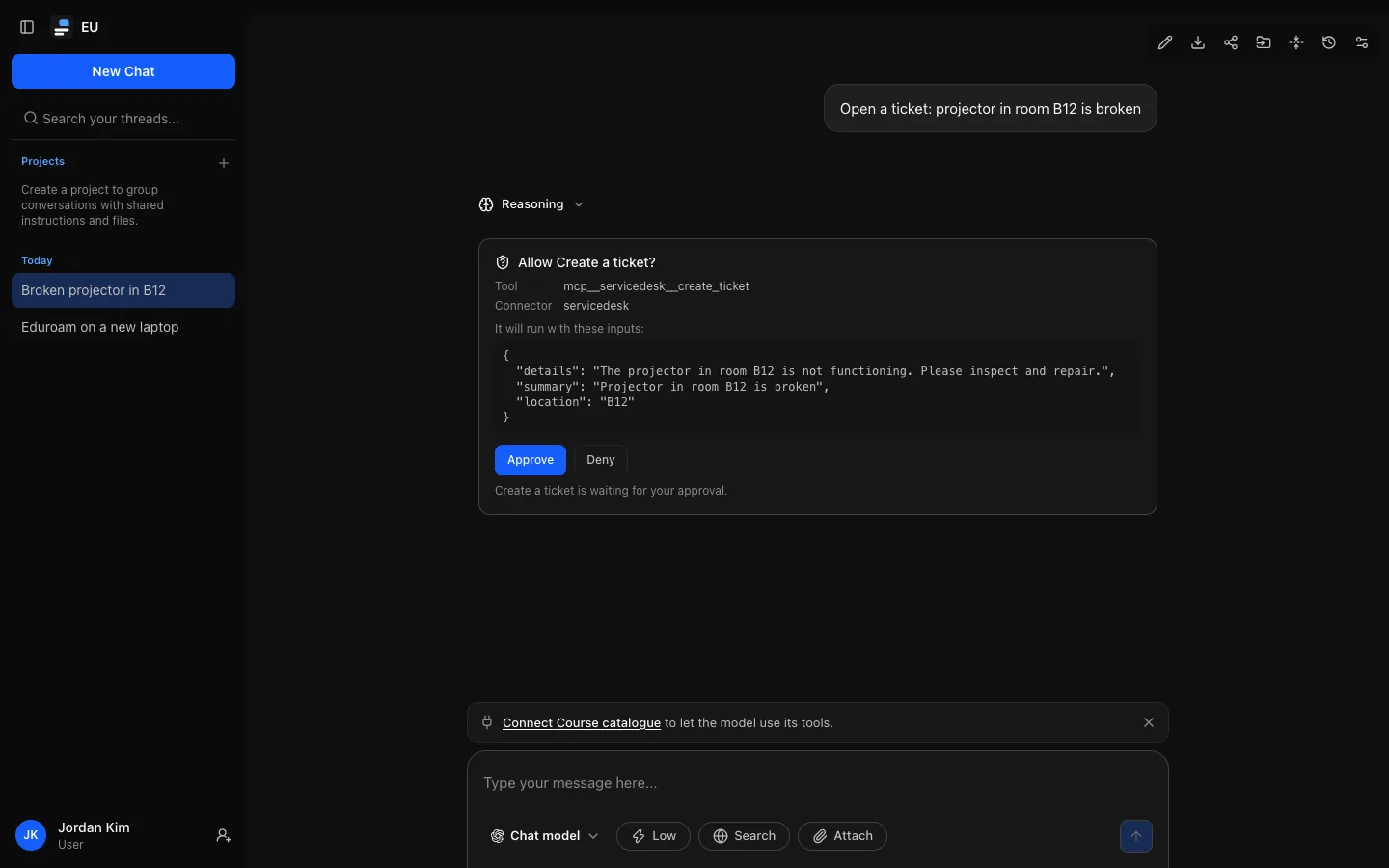 A reply paused on an approval card below its collapsed Reasoning heading: "Allow Create a ticket?", the tool and its connector (the IT Service Desk), the exact inputs it will run with, Approve and Deny buttons, and "Create a ticket is waiting for your approval".