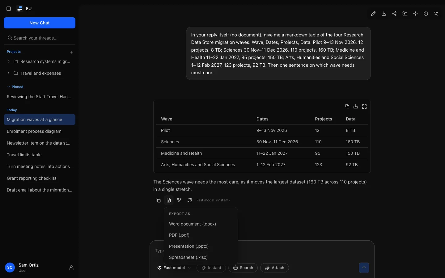 The Export as… menu open under a reply, offering Word document, PDF, Presentation and Spreadsheet.