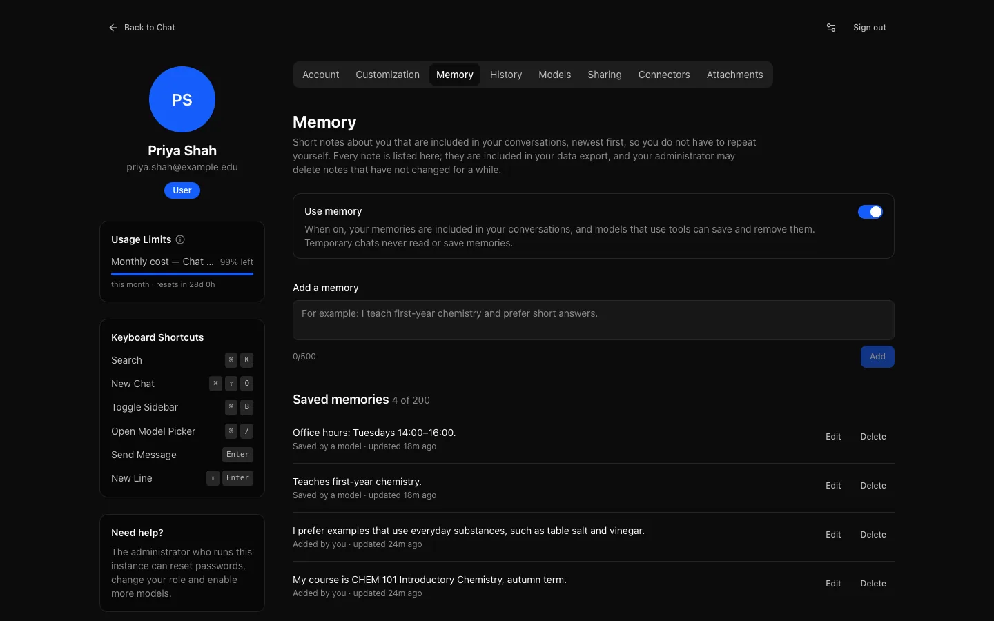 Settings → Memory with Use memory on, an Add a memory field, and four notes, each marked Added by you or Saved by a model, with Edit and Delete.