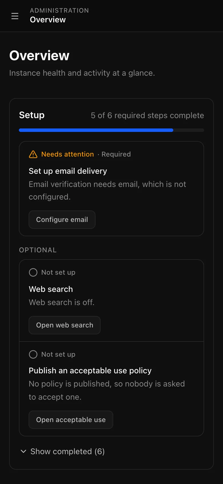 The admin Overview on a phone, with the menu button that opens the admin navigation.