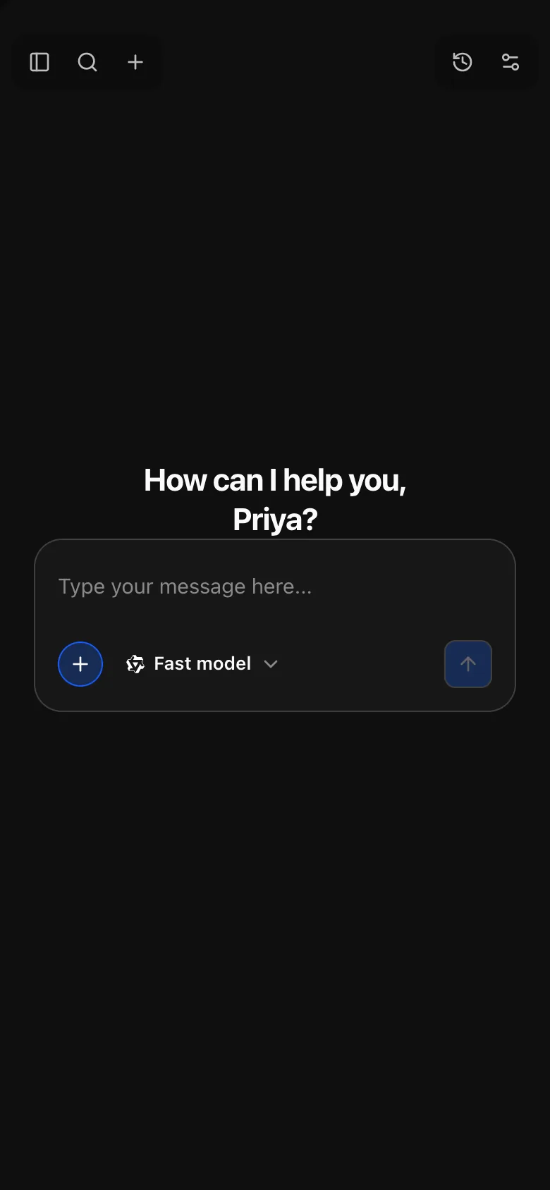The chat home screen on a phone, with the sidebar closed and the composer's controls behind one button.