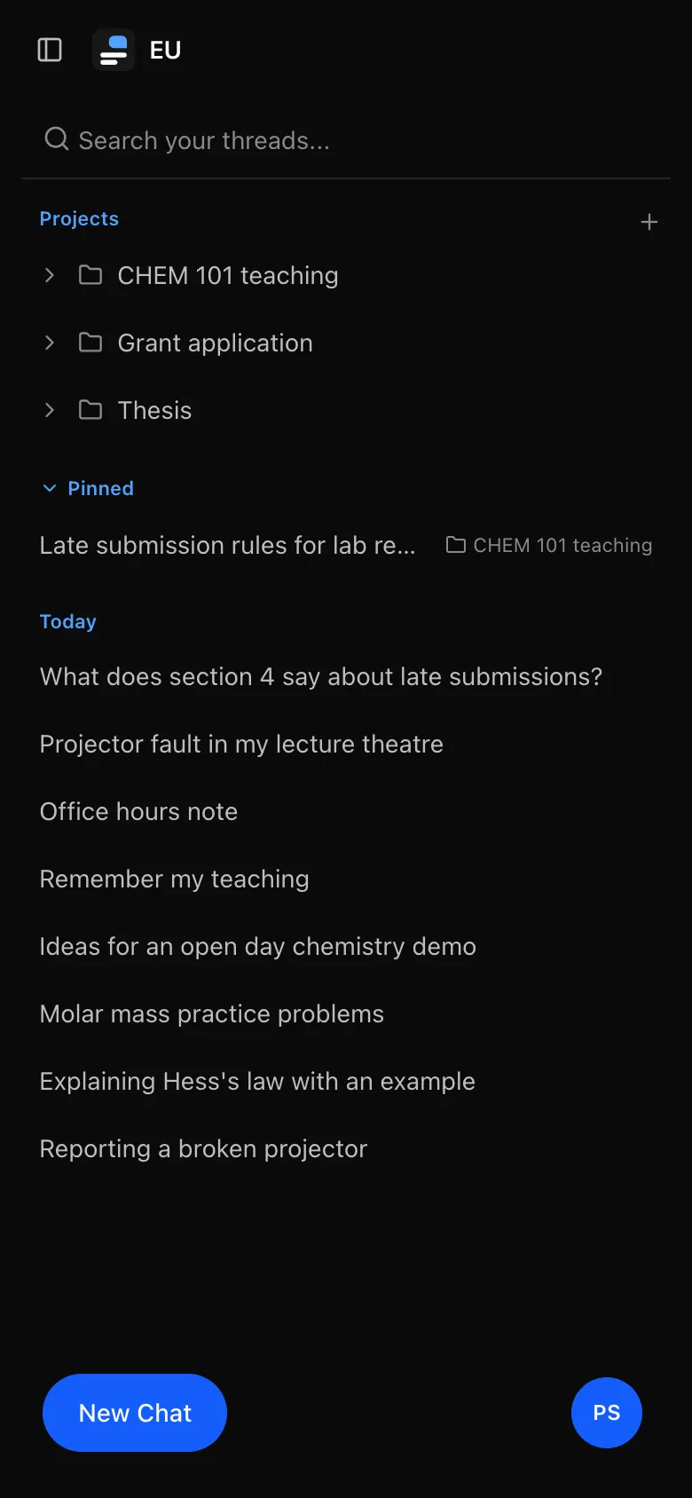 The sidebar open as a panel on a phone, with projects and conversations.