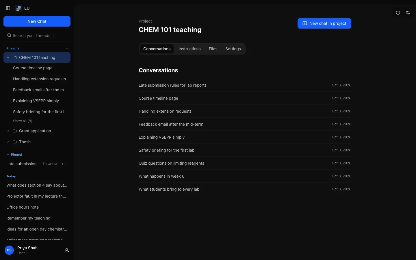 A project page, "CHEM 101 teaching", with New chat in project and the tabs Conversations, Instructions, Files and Settings, open on Conversations.