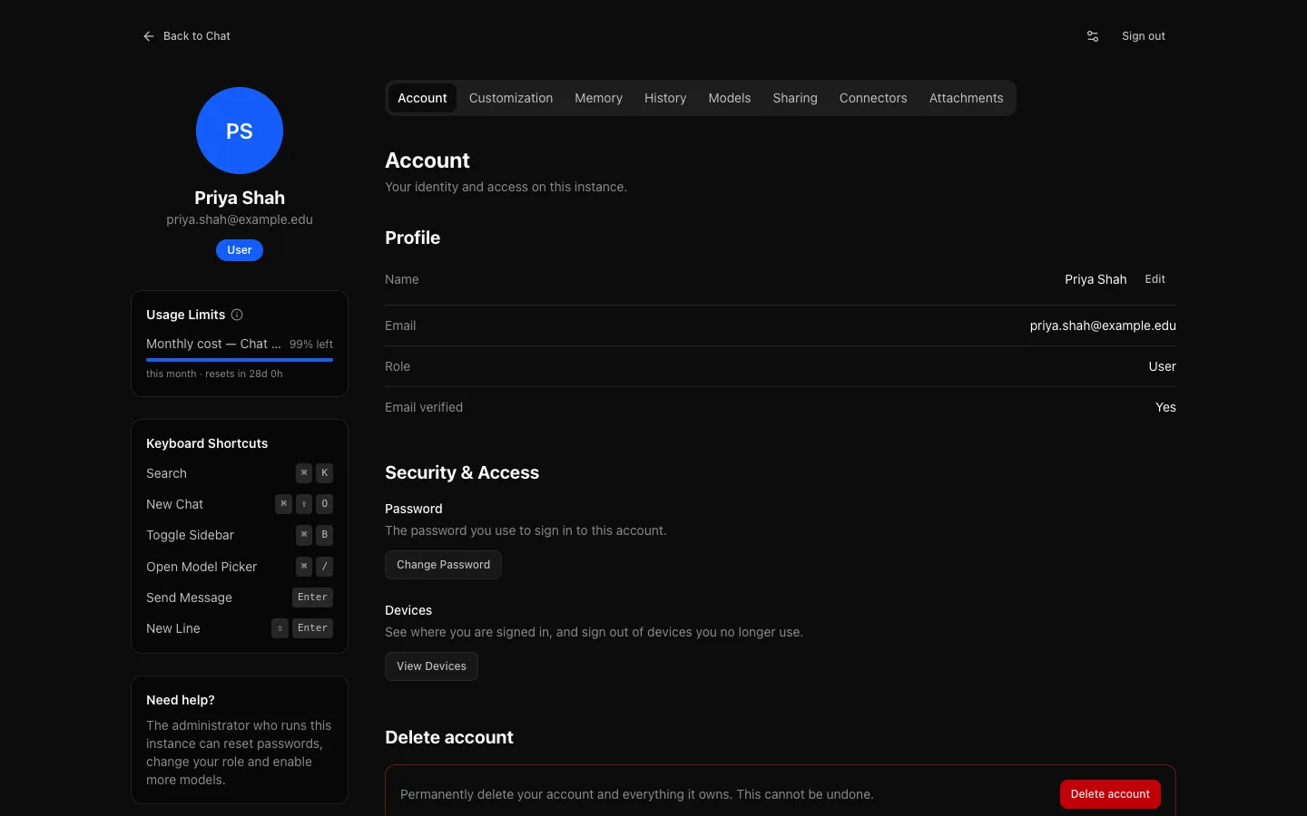 Settings → Account: name, email address, role and whether the email is verified, Change Password and View Devices, and the Delete account section, with the Usage Limits, Keyboard Shortcuts and Need help? cards beside the page and all eight settings tabs above.