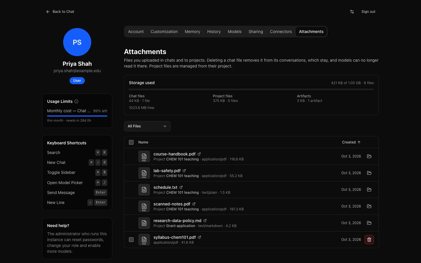 Settings → Attachments: storage used against the role's limit, split into chat files, project files and artifacts, and the list of uploaded files.