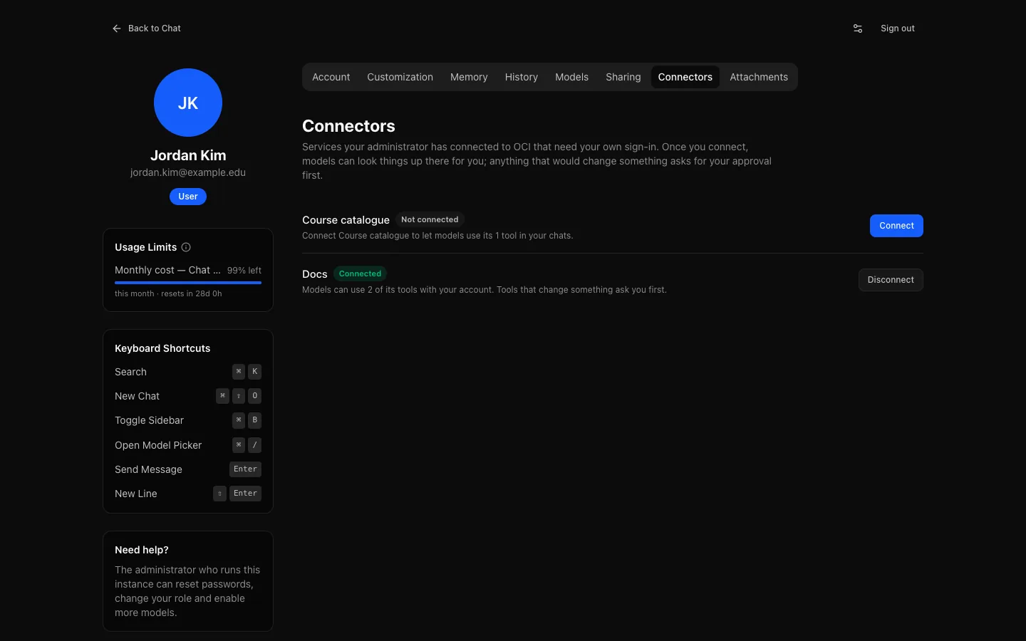 Settings → Connectors: Course catalogue marked Not connected with a Connect button, and Docs marked Connected with a Disconnect button.