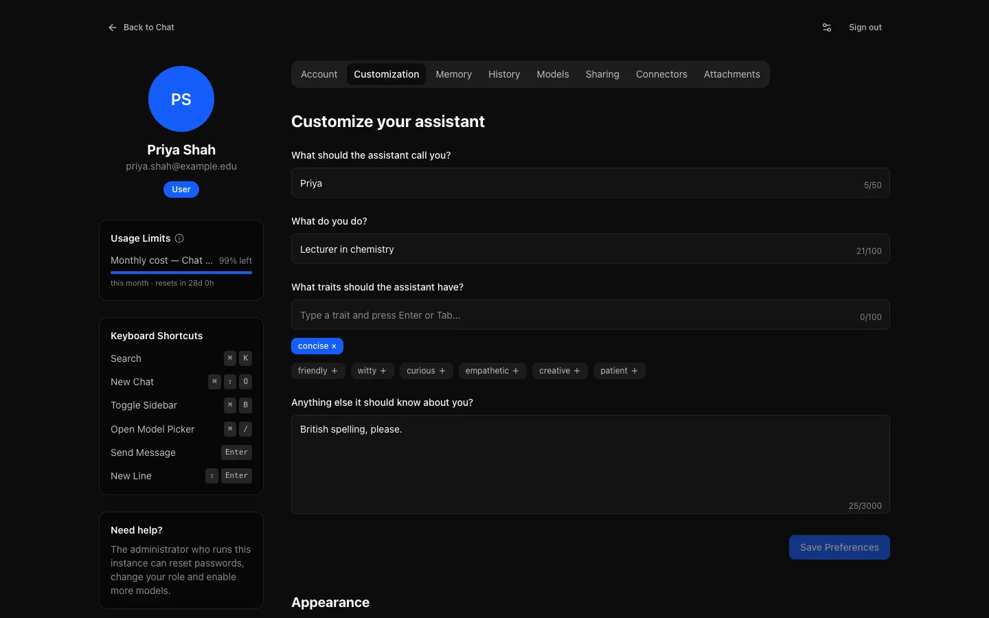 Settings → Customization: what to call you ("Priya"), what you do ("Lecturer in chemistry"), the trait "concise" chosen from suggestions, anything else ("British spelling, please."), and Save Preferences, beside the profile, Usage Limits and Keyboard Shortcuts cards.