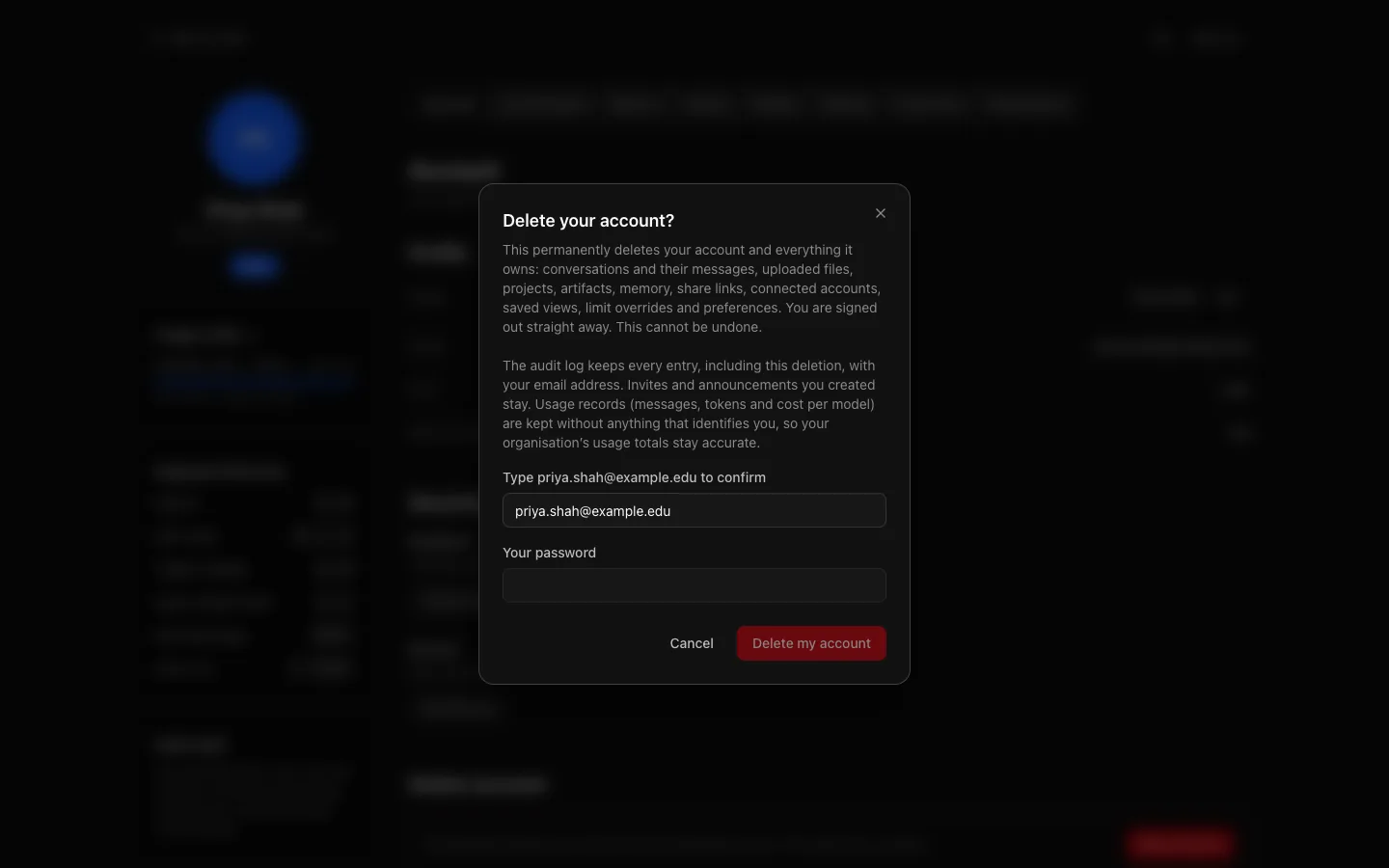 The Delete your account? dialog over Settings → Account: what is deleted and what is kept, a field to type the email address, a password field, and Delete my account.