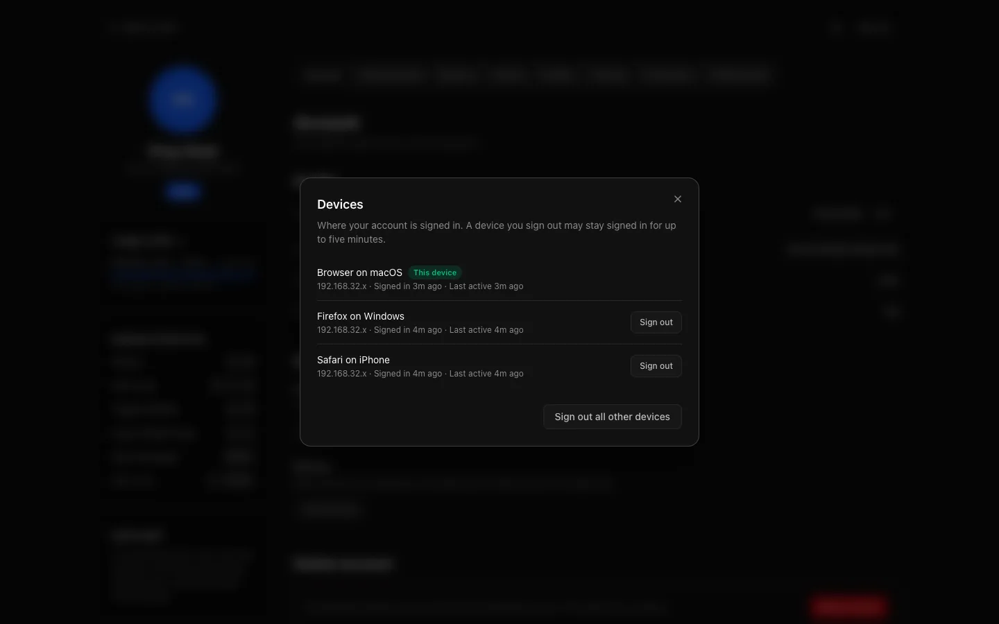 The Devices dialog: three signed-in sessions with browser and system, a shortened network address, when each signed in and was last active, the current one marked This device, and Sign out all other devices.