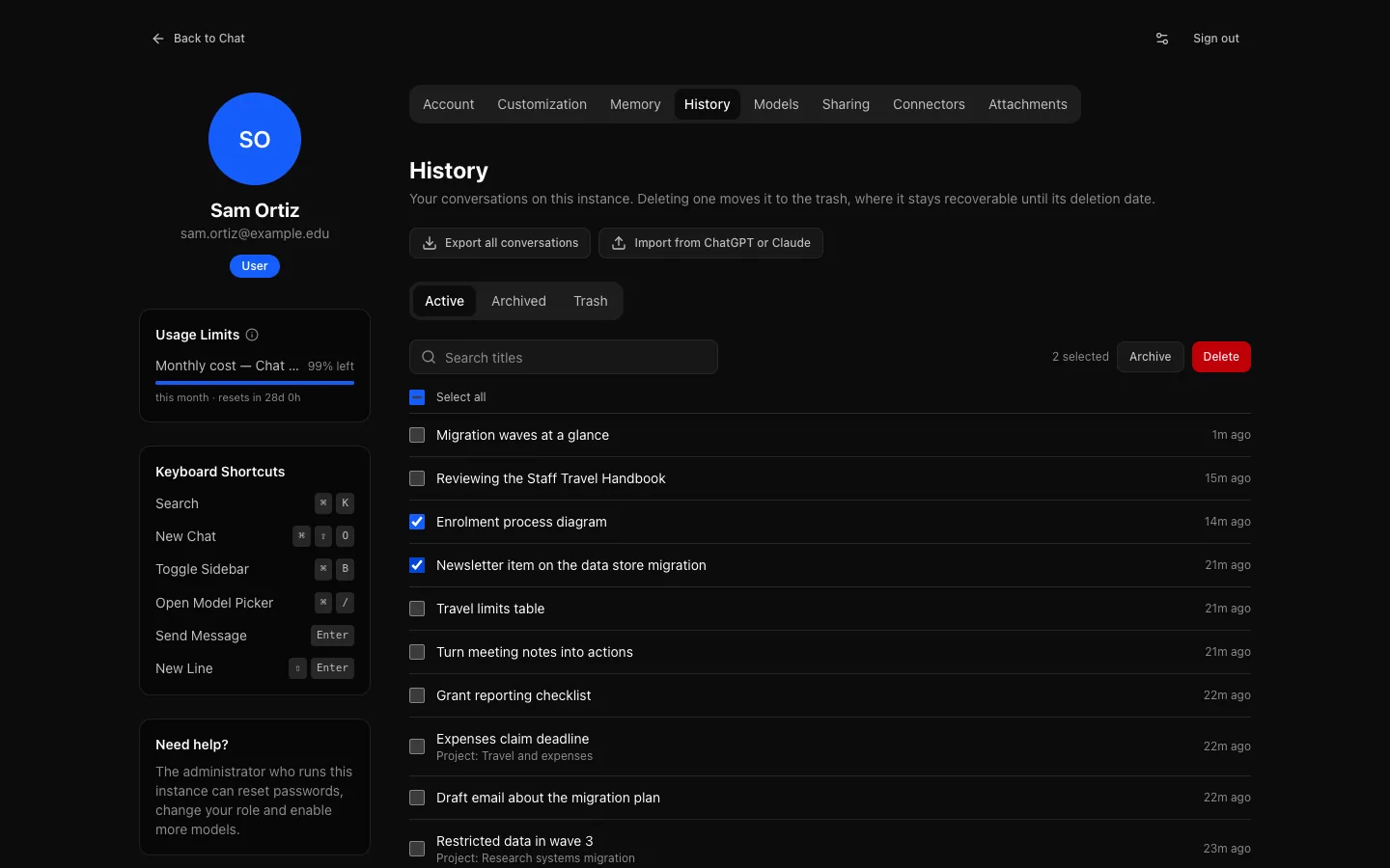 Settings → History: Export all conversations and Import from ChatGPT or Claude at the top, Active, Archived and Trash tabs, a title search, and a list of conversations with checkboxes, two of them ticked with Archive and Delete beside "2 selected".