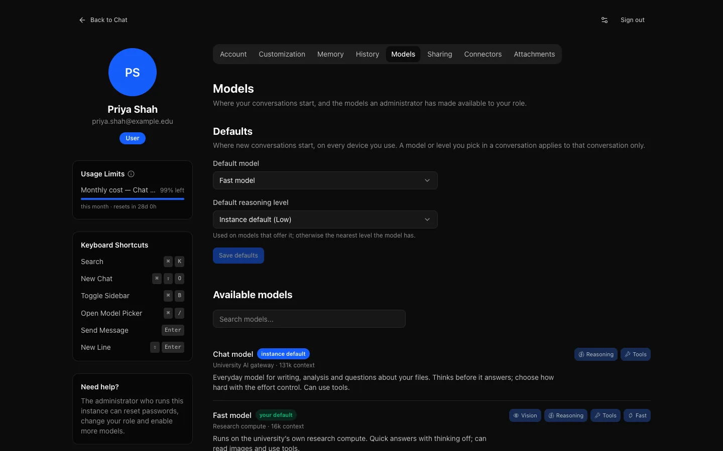 Settings → Models: Defaults with Default model set to Fast model and Default reasoning level set to Instance default (Low), and Save defaults; below, Available models with a search box, Chat model marked instance default and Fast model marked your default, each with its description and capabilities.