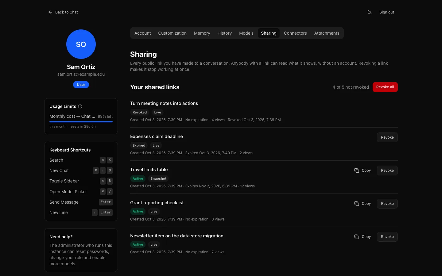 Settings → Sharing: "Your shared links" with Revoke all, and a list of links, each with its conversation, Live or Snapshot, Active, Expired or Revoked, the dates, the view count, and Copy and Revoke.