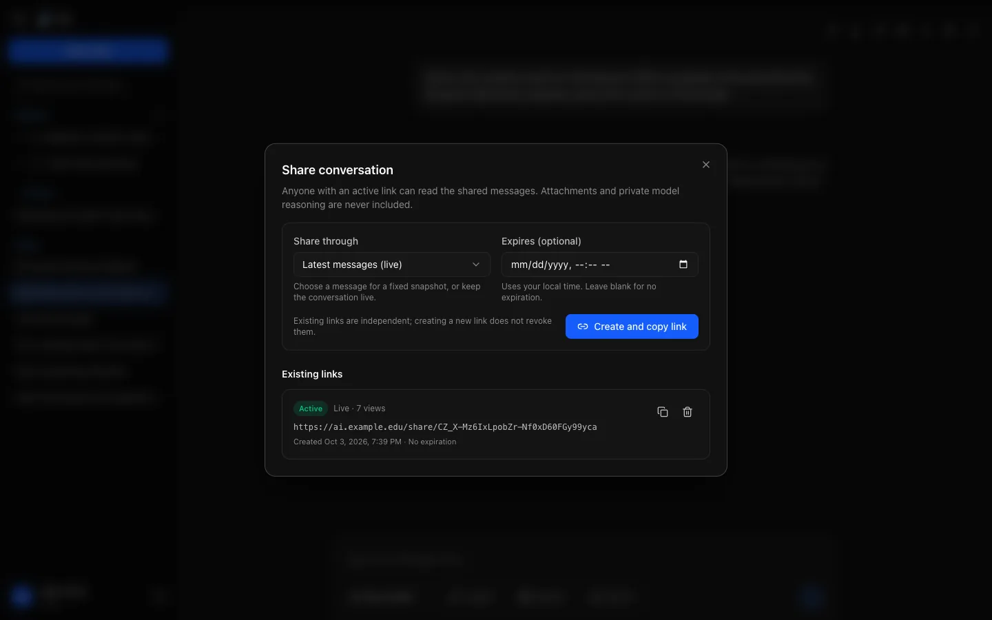 The Share conversation dialog: Share through set to "Latest messages (live)", an optional expiry, Create and copy link, and one existing link with Copy and Revoke.