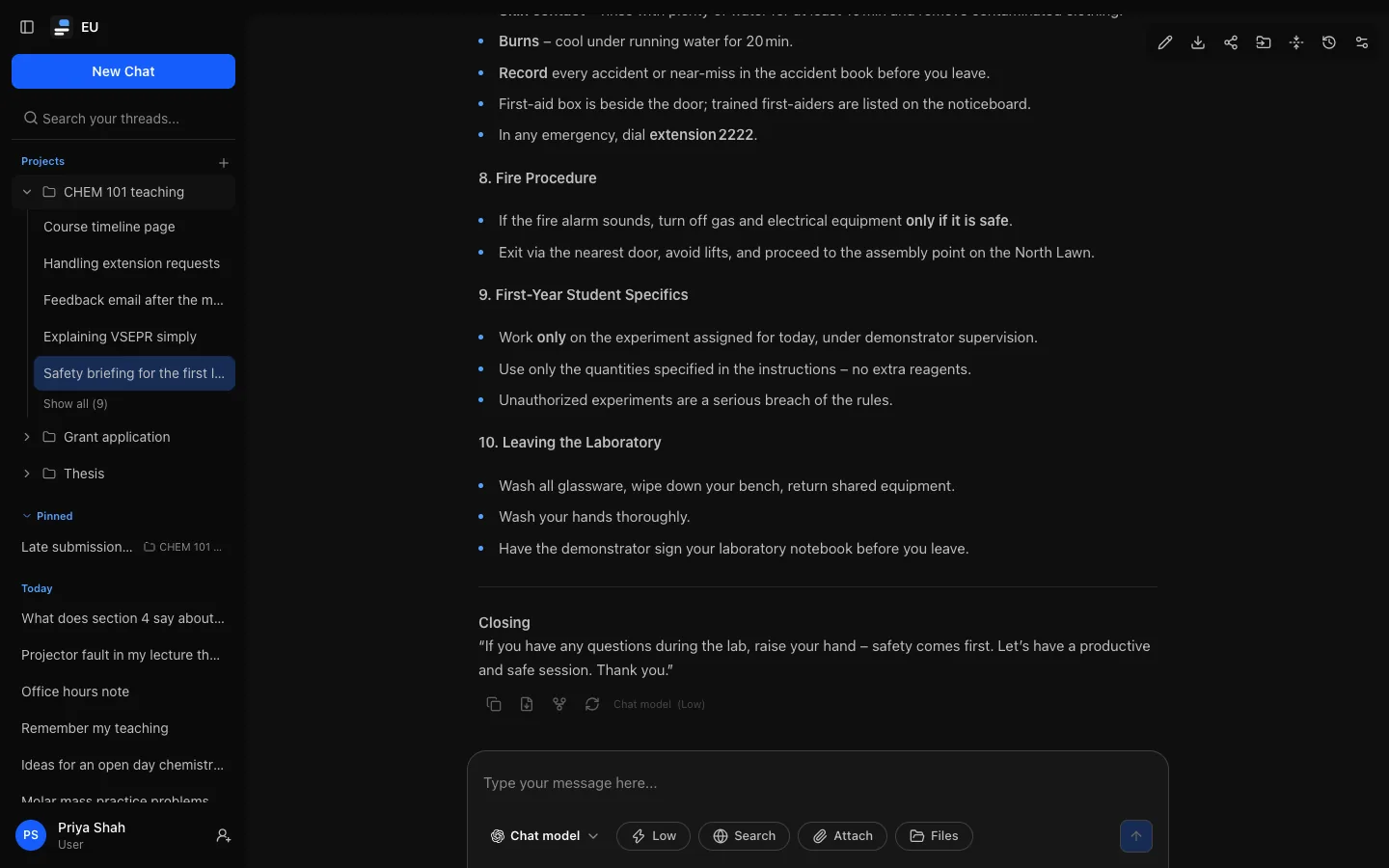 The sidebar with the Projects heading: "CHEM 101 teaching" expanded to its five most recent conversations and "Show all (9)", with the open conversation highlighted, two collapsed projects, then Pinned (a project conversation with its project name) and Today.
