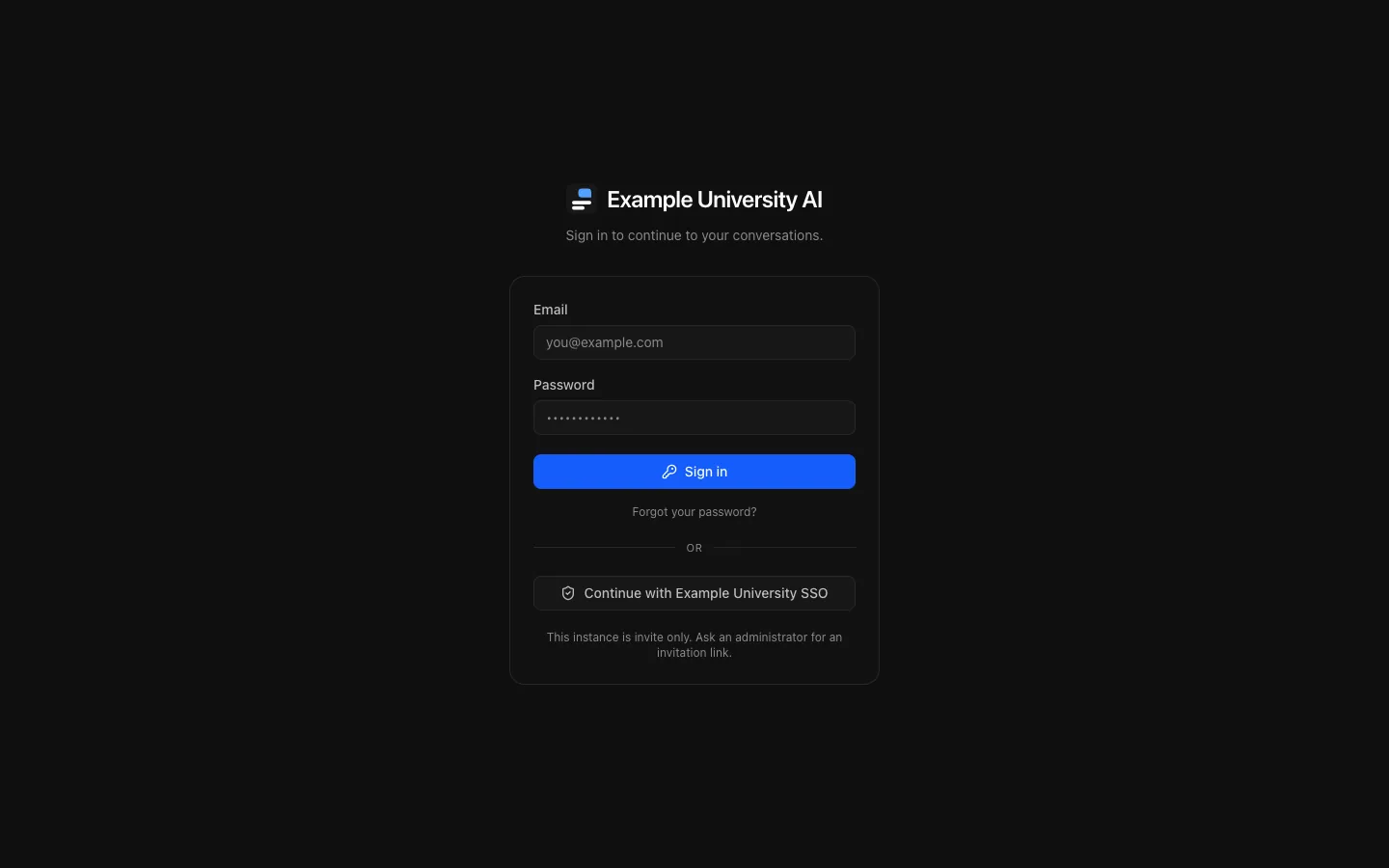 The sign-in page of Example University's instance: the email and password form with Forgot your password?, then "Continue with Example University SSO" below it.