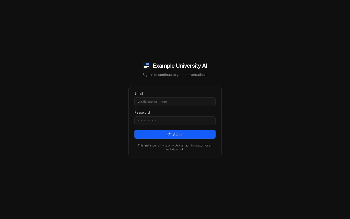 The Open Chat Interface sign-in page in the dark theme: the instance name, "Sign in to continue to your conversations", email and password fields, a Sign in button, and a note that the instance is invite only.